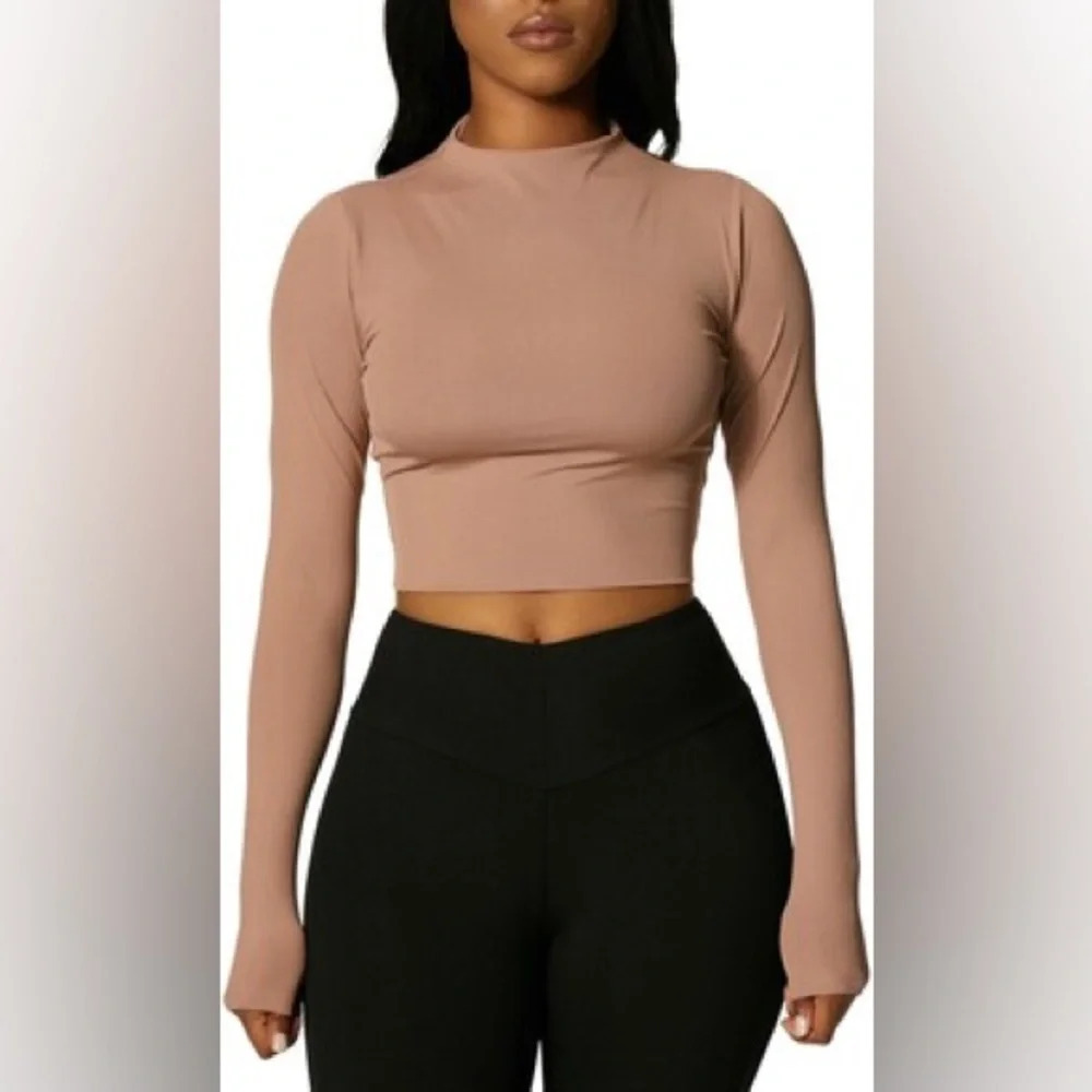 Naked Wardrobe Nude Cowl Neck Long Sleeved Crop Top Womens Size XS